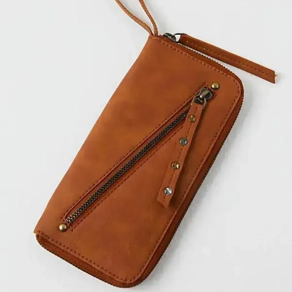 Free People Distressed Vegan Wallet Worn Finish Wrist strap Clutch Brown Tan